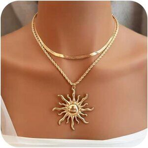 Layered Sun Necklace | 14K Gold or Silver Plated Double Chain Celestial Pendant